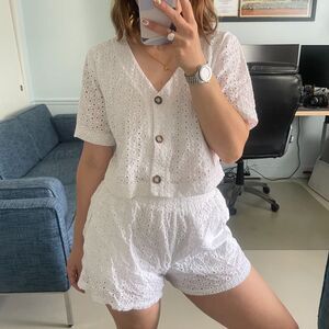 Lush Eyelet Perforated Button Front Shirt and Shorts Set White Small